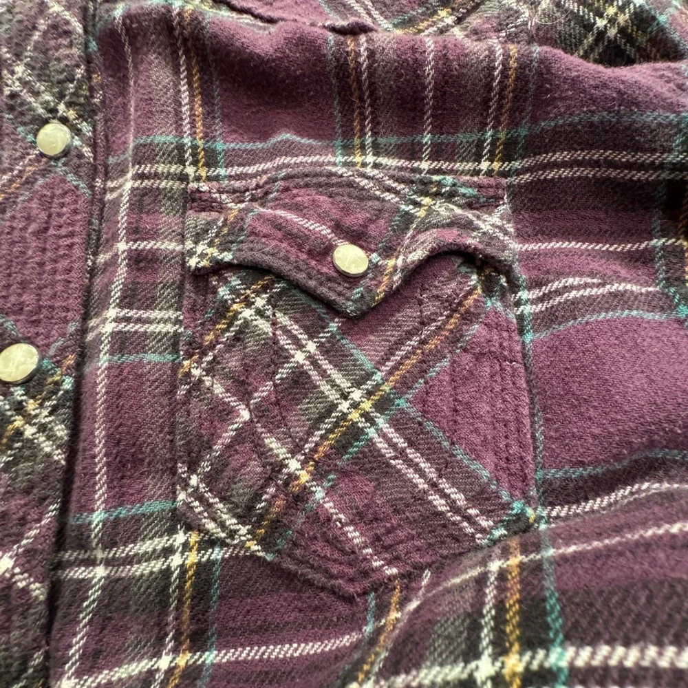 True Religion Shirt Adult Medium Plaid Western Pearl Snap Flannel 100% Cotton